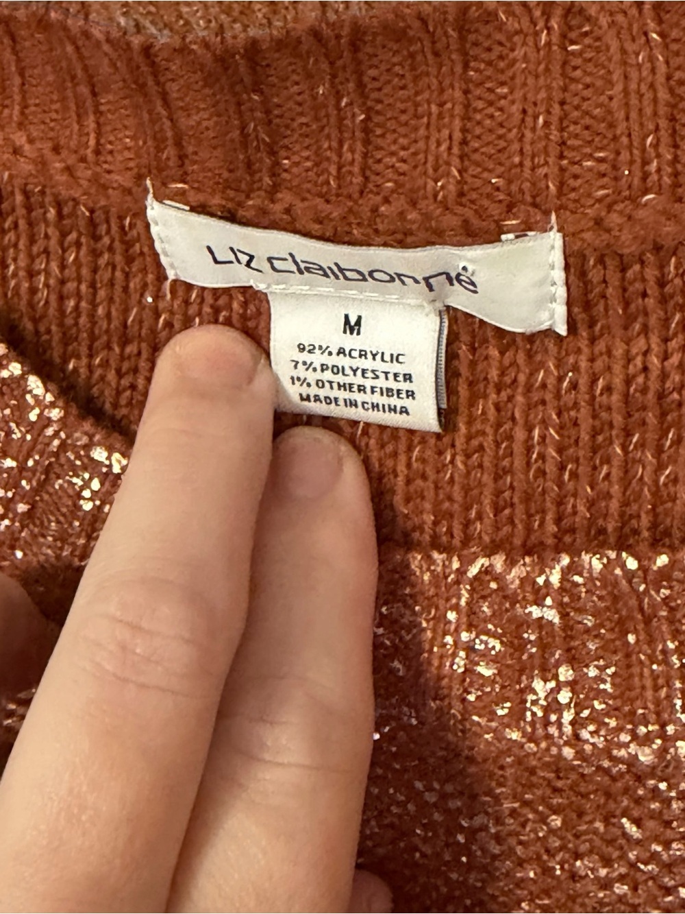 Liz Claiborne Metallic Sweater M Rust Copper Gold Shimmer Crew Neck - Picture 2 of 5